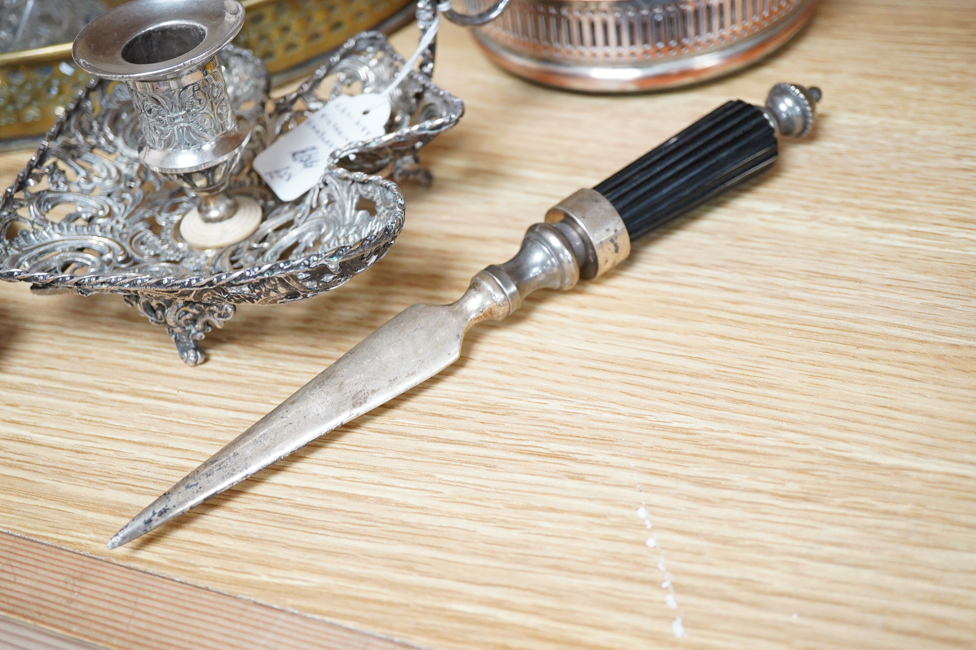 An Art Nouveau style enamelled timepiece by A. E. Williams, a small group of various plated wares and some small silver